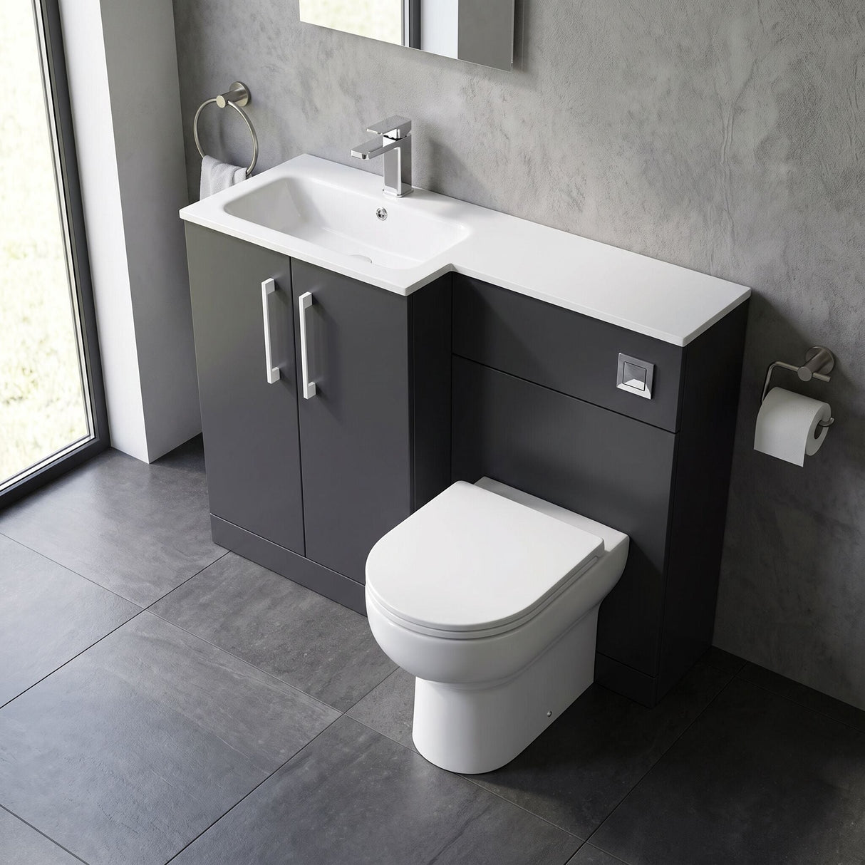 [BFLE1412L] Bramshall Contemporary 2 Door Floor Standing Combination Unit with Stone Basin, 1100mm, Choice of Orientation and Colour