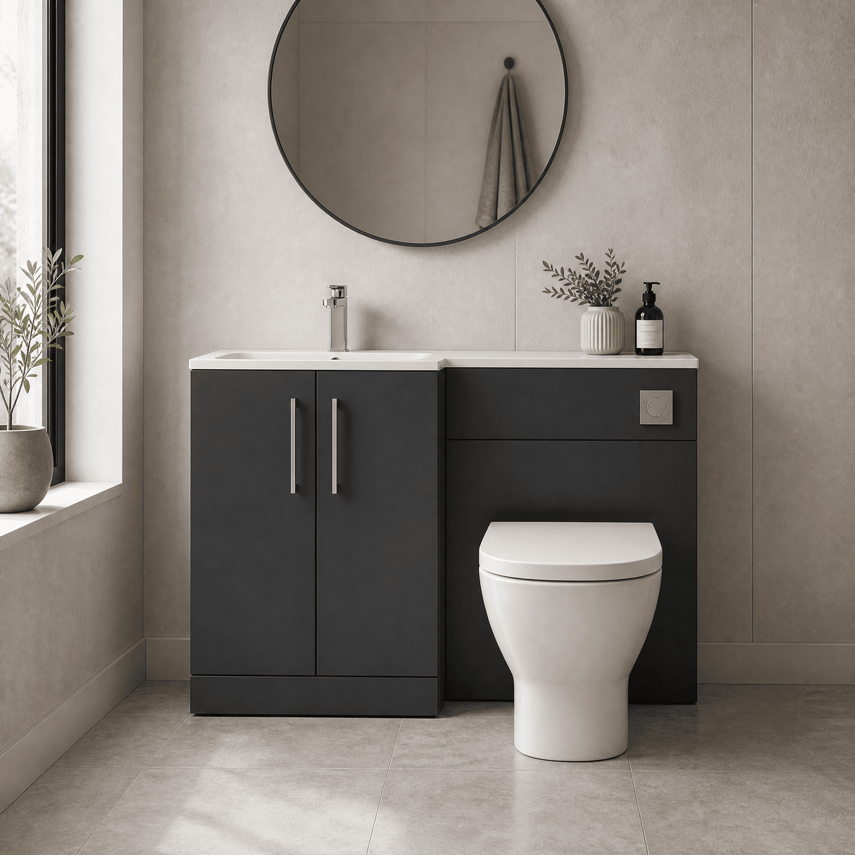 [BFLE1412L] Bramshall Contemporary 2 Door Floor Standing Combination Unit with Stone Basin, 1100mm, Choice of Orientation and Colour - Silo