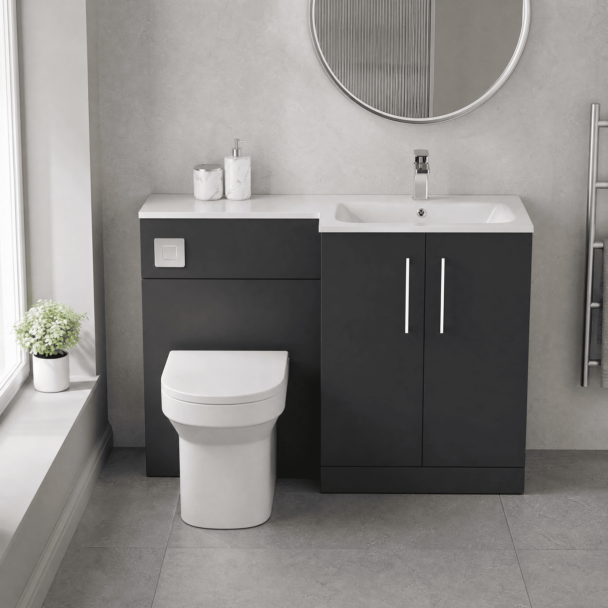 [BFLE1412R] Bramshall Contemporary 2 Door Floor Standing Combination Unit with Stone Basin, 1100mm, Choice of Orientation and Colour