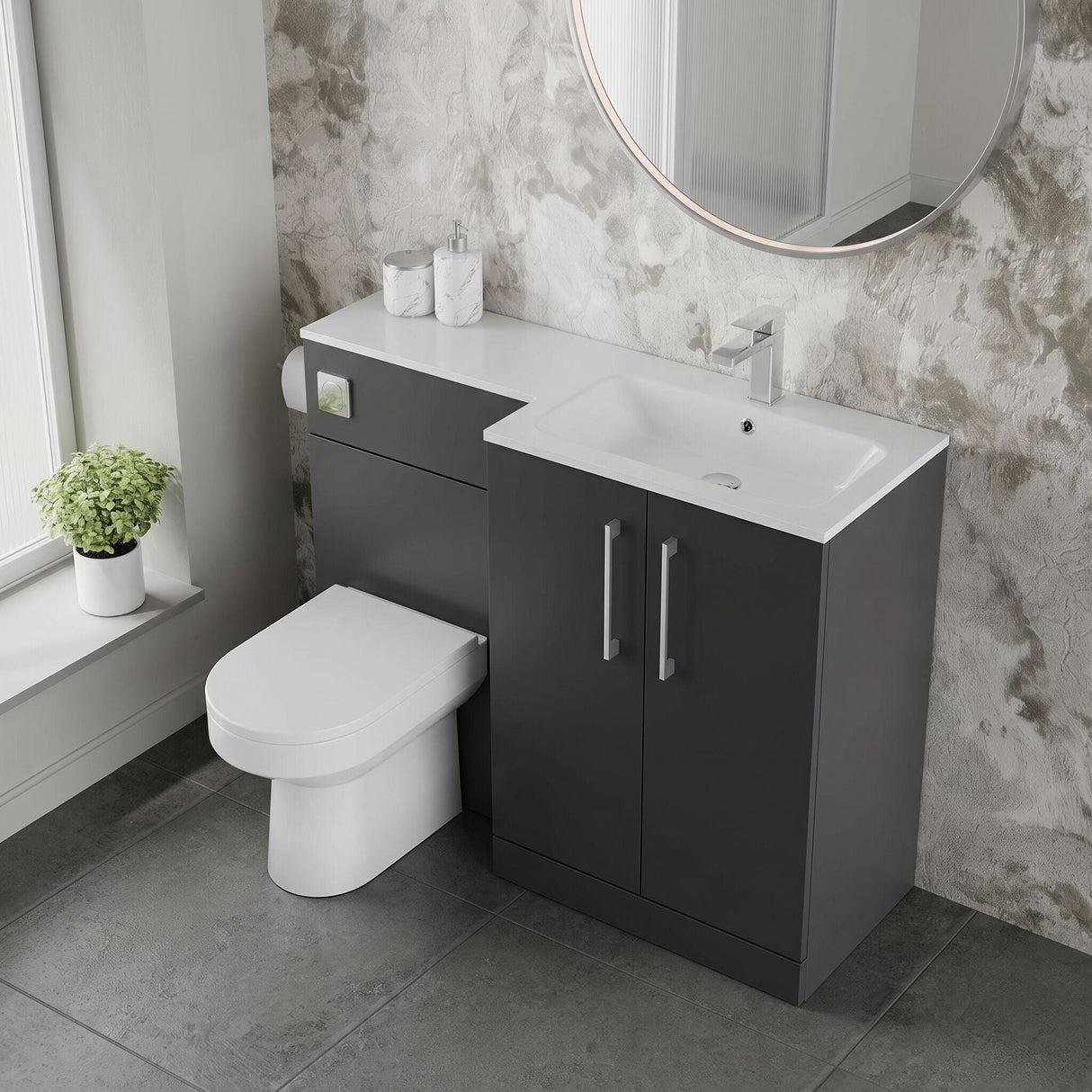 [BFLE1412R] Bramshall Contemporary 2 Door Floor Standing Combination Unit with Stone Basin, 1100mm, Choice of Orientation and Colour