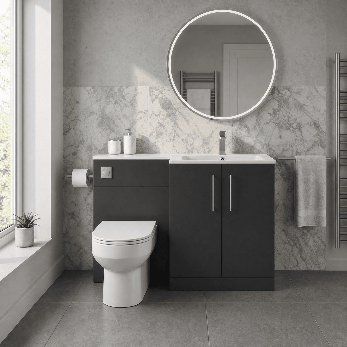 [BFLE1412R] Bramshall Contemporary 2 Door Floor Standing Combination Unit with Stone Basin, 1100mm, Choice of Orientation and Colour - Silo