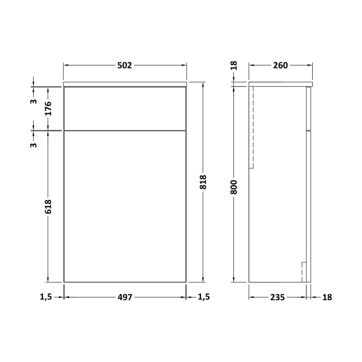 [BFLE141] Bramshall 500mm Floor-Standing Contemporary Compact WC Toilet Unit - Technical Drawing