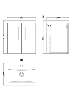 [BFLE1421A] Bramshall Contemporary 2 Door Wall Hung Vanity Basin Unit with Mid-Edge Basin, Choice of Size and Colour - Line Drawing