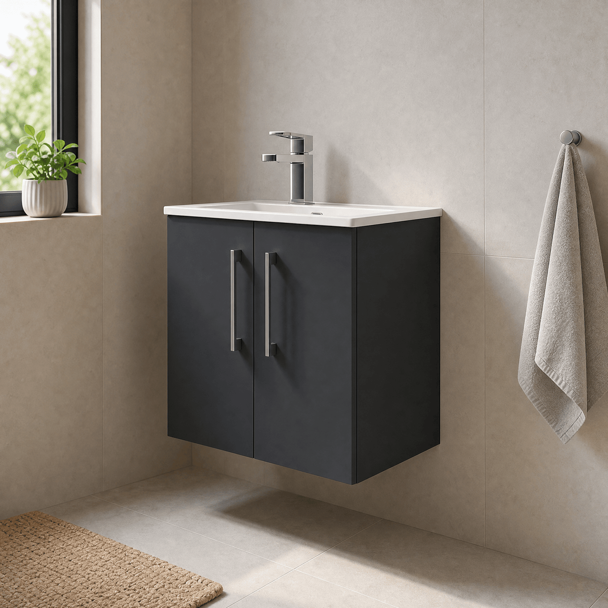 [BFLE1421B] Balterley  Modern Bathroom 2 Soft Close Door & Minimalist Wall Hung Vanity Unit Basin, Dark Grey, 345mm - Lifestyle 3