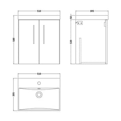 [BFLE1421D] Bramshall Contemporary 2 Door Wall Hung Vanity Basin Unit, Choice of Size, Colour and Basin - Technical Drawing