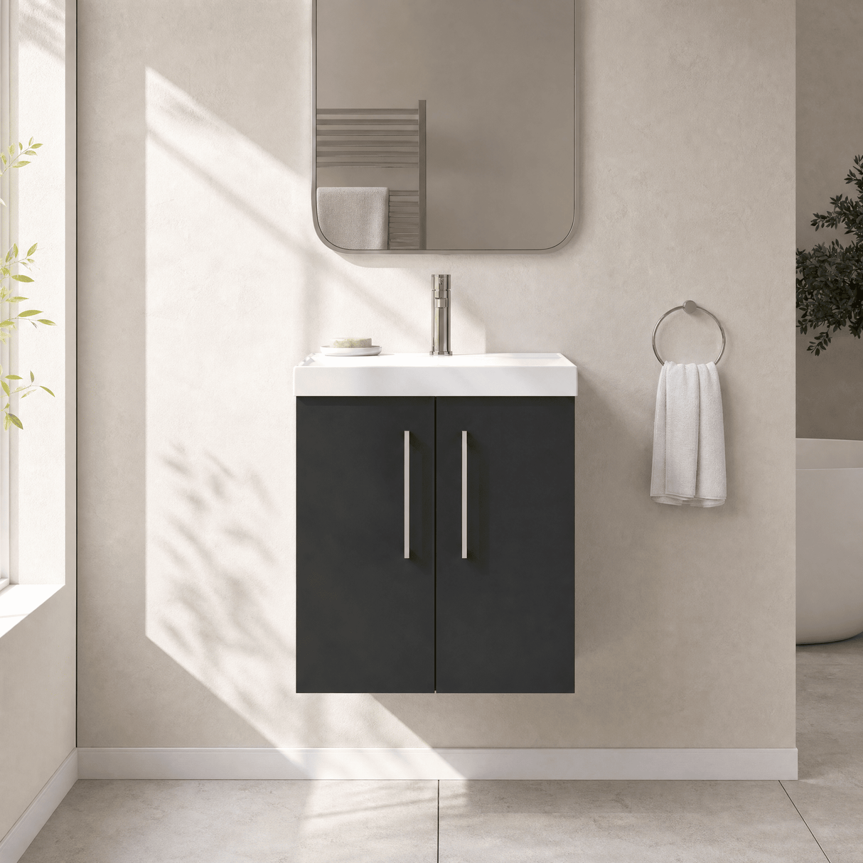 [BFLE1421D] Balterley  Contemporary Bathroom 2 Soft Close Door & Thin-Edge Wall Hung Vanity Unit Basin, Dark Grey, 500mm - Silo