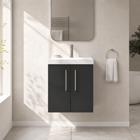 [BFLE1421D] Balterley  Contemporary Bathroom 2 Soft Close Door & Thin-Edge Wall Hung Vanity Unit Basin, Dark Grey, 500mm - Silo