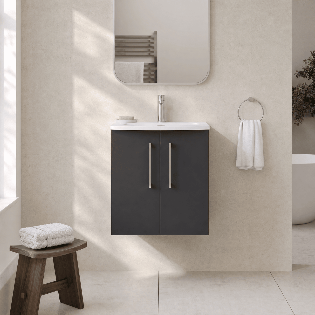 [BFLE1421G] Balterley  Contemporary Bathroom 2-Door Wall-Hung Curved Basin Vanity Unit, Dark Grey, 500mm - Lifestyle 1