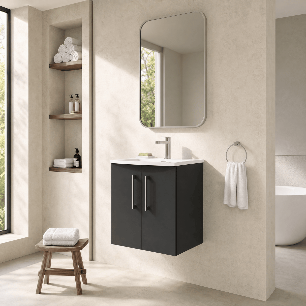 [BFLE1421G] Balterley  Contemporary Bathroom 2-Door Wall-Hung Curved Basin Vanity Unit, Dark Grey, 500mm - Lifestyle 3
