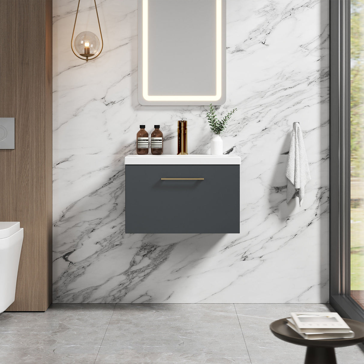 [BFLE1422AH017] Bramshall Wall Hung 1 Drawer Vanity Unit with Mid-Edge Ceramic Basin - Choice of Colour, Handle Finish and Size - Lifestyle 1
