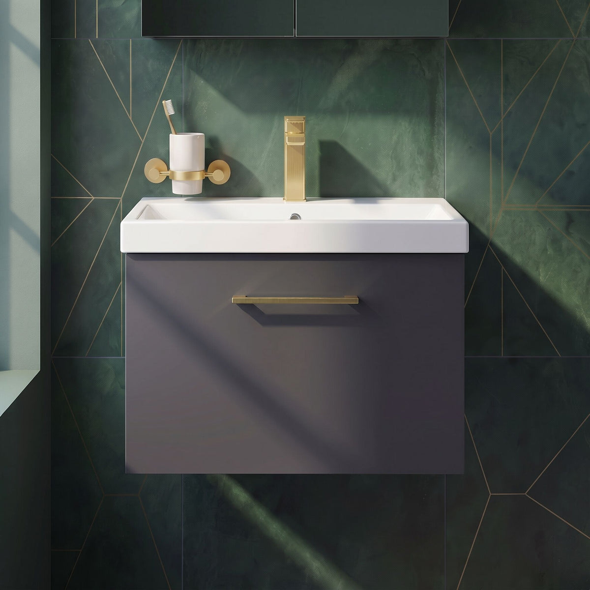 [BFLE1422AH017] Bramshall Wall Hung 1 Drawer Vanity Unit with Mid-Edge Ceramic Basin 600mm - Studio Shot