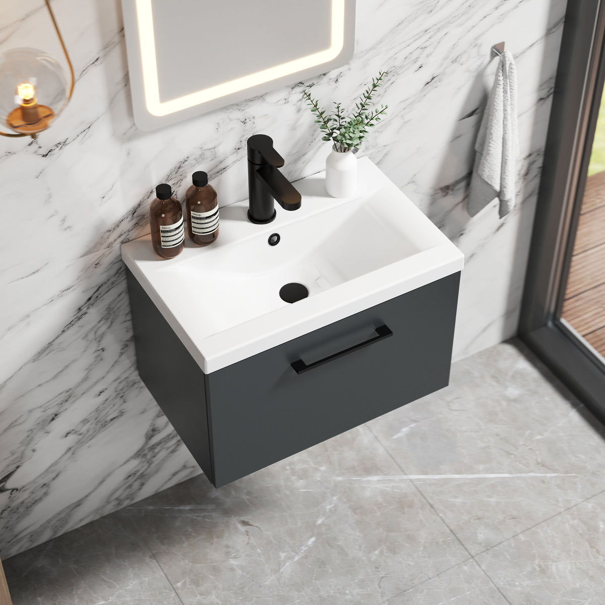 [BFLE1422AH018] Bramshall Wall Hung 1 Drawer Vanity Unit with Mid-Edge Ceramic Basin 600mm - Lifestyle 2