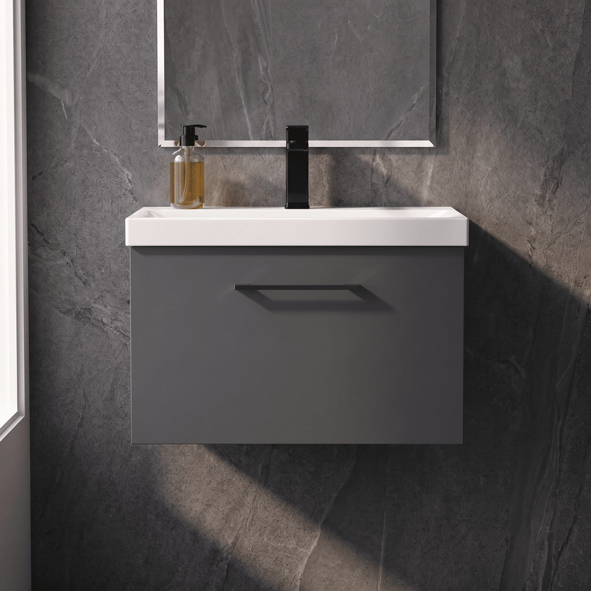 [BFLE1422AH018] Bramshall Wall Hung 1 Drawer Vanity Unit with Mid-Edge Ceramic Basin 600mm - Studio Shot