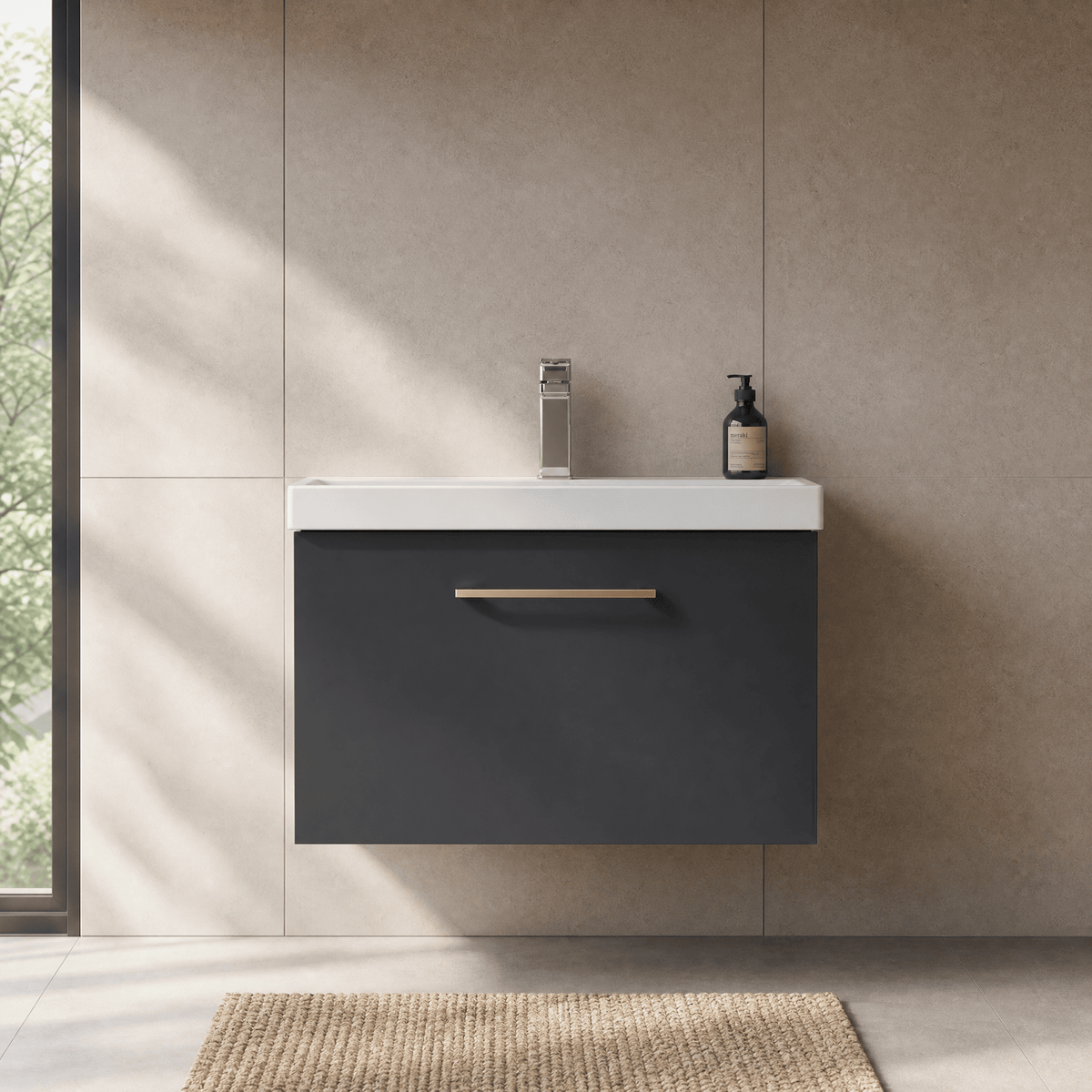 [BFLE1422AH019] Bramshall Wall Hung 1 Drawer Vanity Unit with Mid-Edge Ceramic Basin 600mm - Studio Shot