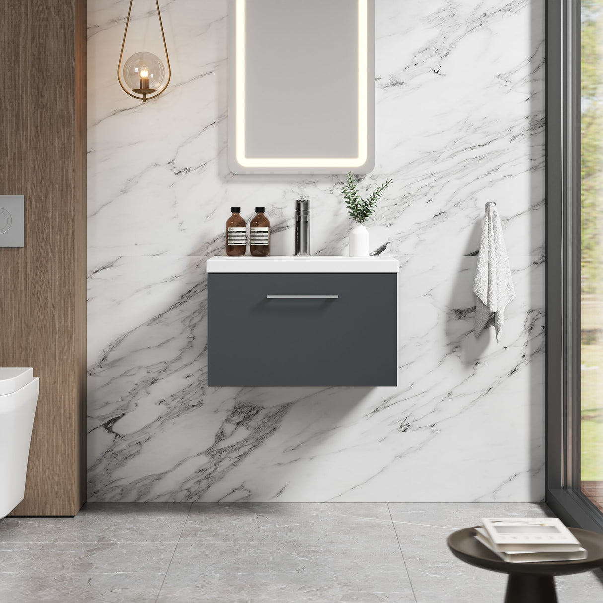 [BFLE1422A] Bramshall Wall Hung 1 Drawer Vanity Unit with Mid-Edge Ceramic Basin - Choice of Colour, Handle Finish and Size - Lifestyle 1