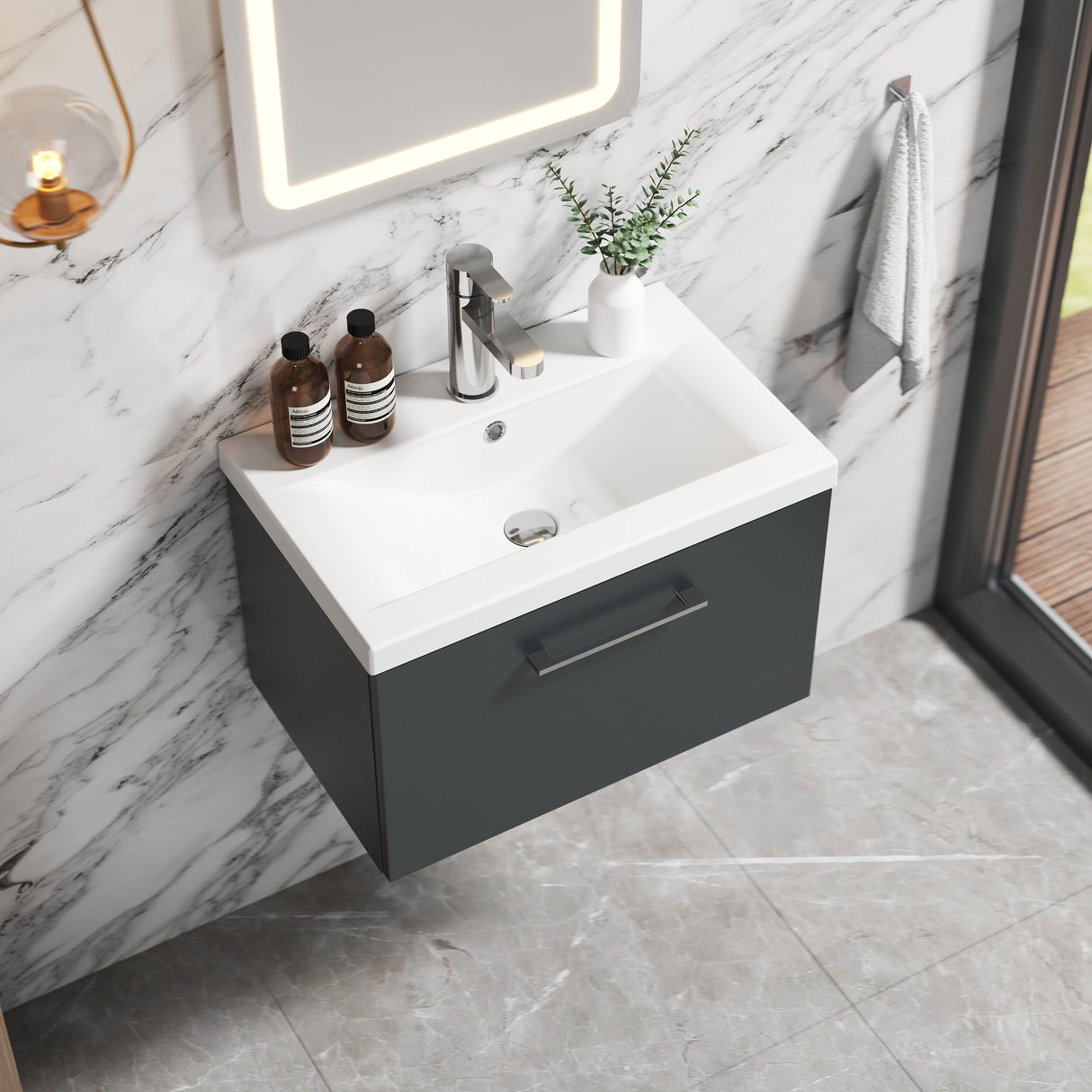 [BFLE1422A] Bramshall Wall Hung 1 Drawer Vanity Unit with Mid-Edge Ceramic Basin 600mm - Lifestyle 2