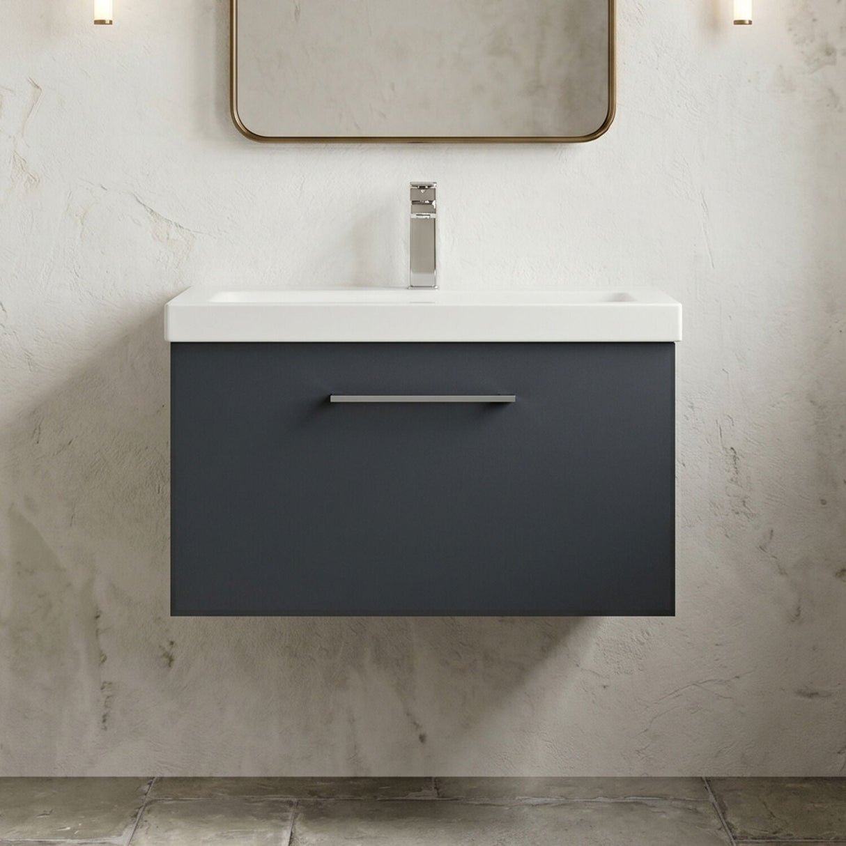 [BFLE1422A] Bramshall Wall Hung 1 Drawer Vanity Unit with Mid-Edge Ceramic Basin - Choice of Colour, Handle Finish and Size - Silo