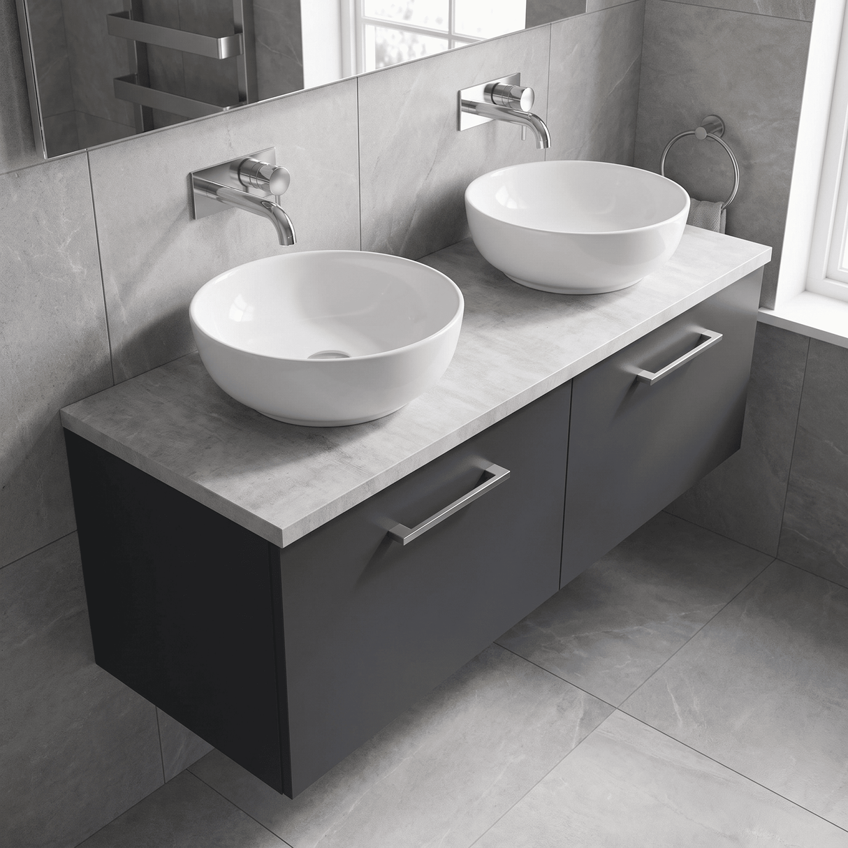 [BFLE1422LBG2] Bramshall Wall Hung 2 Drawer Vanity Unit with Bellato Grey Laminate Worktop, 1200mm, Choice of Colour