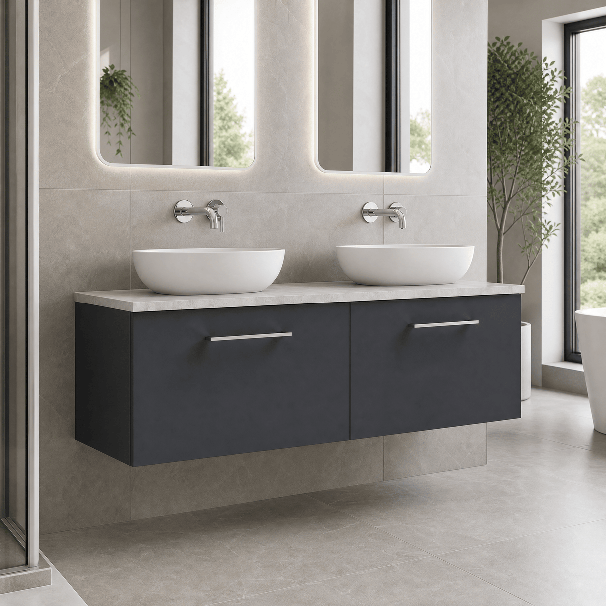 [BFLE1422LBG2] Bramshall Wall Hung 2 Drawer Vanity Unit with Bellato Grey Laminate Worktop, 1200mm, Choice of Colour