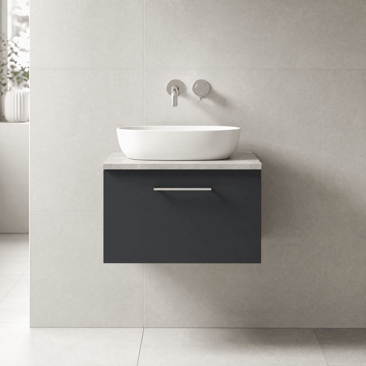 [BFLE1422LBG] Bramshall Contemporary 1 Drawer Wall Hung Vanity Unit with Bellato Grey Laminate Worktop, Choice of Size and Colour