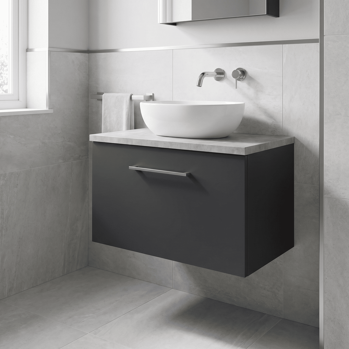 [BFLE1422LBG] Bramshall Contemporary 1 Drawer Wall Hung Vanity Unit with Bellato Grey Laminate Worktop, Choice of Size and Colour