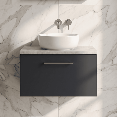 [BFLE1422LBG] Bramshall Contemporary 1 Drawer Wall Hung Vanity Unit with Bellato Grey Laminate Worktop, Choice of Size and Colour - Silo