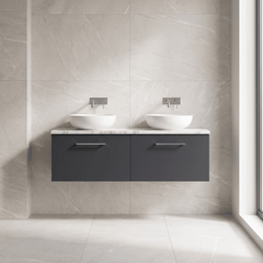 [BFLE1422LCM2] Bramshall Contemporary 2 Drawer Wall Hung Vanity Unit with Carrera Marble Laminate Worktop, 1200mm, Choice of Colour