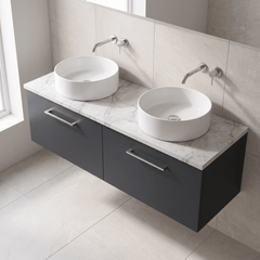 [BFLE1422LCM2] Bramshall Contemporary 2 Drawer Wall Hung Vanity Unit with Carrera Marble Laminate Worktop, 1200mm, Choice of Colour