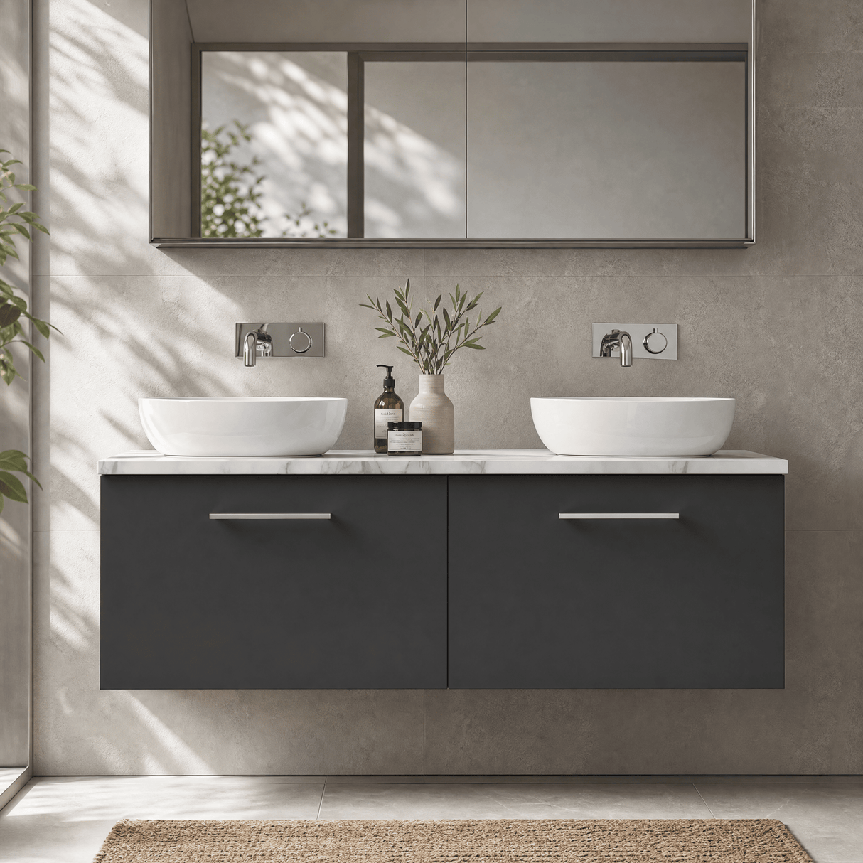 [BFLE1422LCM2] Bramshall Contemporary 2 Drawer Wall Hung Vanity Unit with Carrera Marble Laminate Worktop, 1200mm, Choice of Colour - Silo