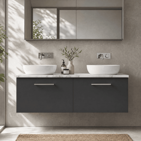 [BFLE1422LCM2] Bramshall Contemporary 2 Drawer Wall Hung Vanity Unit with Carrera Marble Laminate Worktop, 1200mm, Choice of Colour - Silo