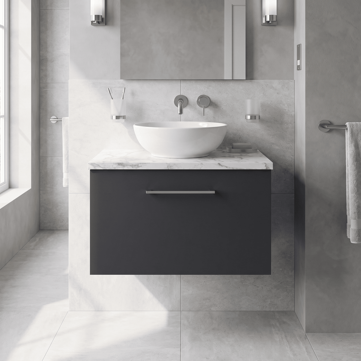 [BFLE1422LCM] Bramshall Contemporary 1 Drawer Wall Hung Vanity Unit with Carrera Marble Laminate Worktop, Choice of Size and Colour