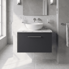 [BFLE1422LCM] Bramshall Contemporary 1 Drawer Wall Hung Vanity Unit with Carrera Marble Laminate Worktop, Choice of Size and Colour