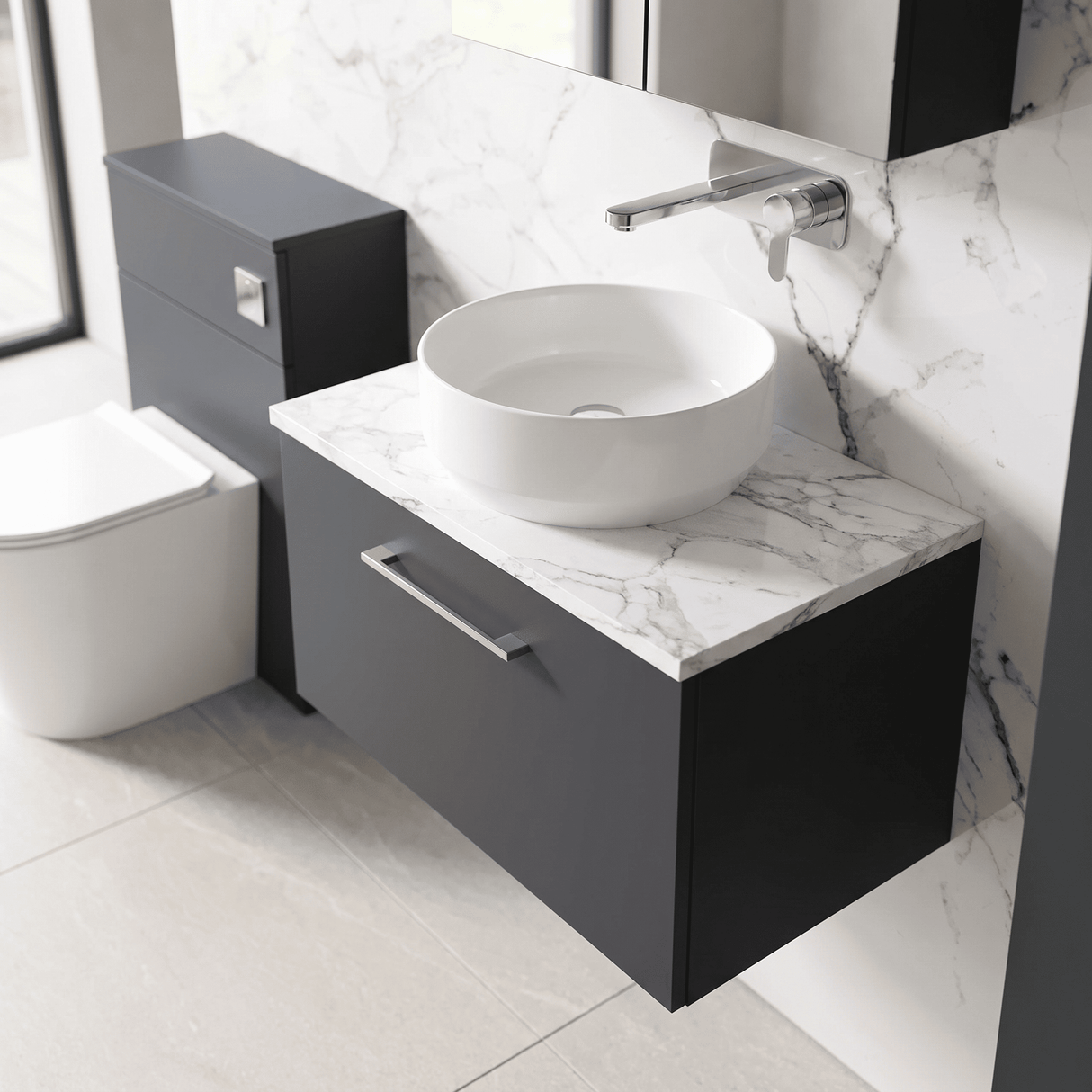 [BFLE1422LCM] Bramshall Contemporary 1 Drawer Wall Hung Vanity Unit with Carrera Marble Laminate Worktop, Choice of Size and Colour