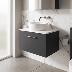 [BFLE1422LCM] Bramshall Contemporary 1 Drawer Wall Hung Vanity Unit with Carrera Marble Laminate Worktop, Choice of Size and Colour