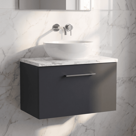 [BFLE1422LCM] Bramshall Contemporary 1 Drawer Wall Hung Vanity Unit with Carrera Marble Laminate Worktop, Choice of Size and Colour - Silo