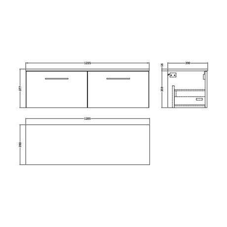 [BFLE1422W2] Balterley Level 1200mm Wall Hung 2 Drawer Vanity Unit with Worktop Stylish Bathroom Storage - Dark Grey - Technical Drawing