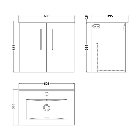 [BFLE1423B] Balterley  Modern Bathroom 2 Soft Close Door & Minimalist Wall Hung Vanity Unit Basin, Dark Grey, 440mm - Technical Drawing