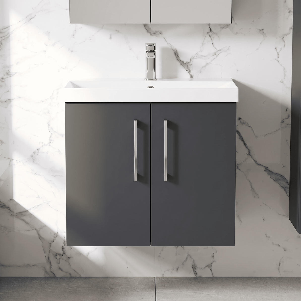 [BFLE1423D] Balterley  Contemporary Bathroom 2 Soft Close Door & Thin-Edge Wall Hung Vanity Unit Basin, Dark Grey, 600mm - Lifestyle 1