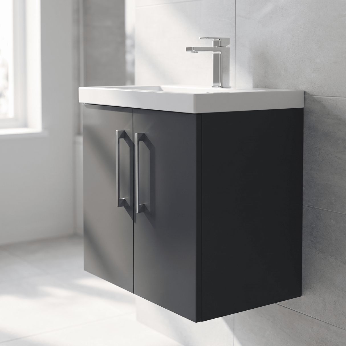 [BFLE1423D] Balterley  Contemporary Bathroom 2 Soft Close Door & Thin-Edge Wall Hung Vanity Unit Basin, Dark Grey, 600mm - Lifestyle 3