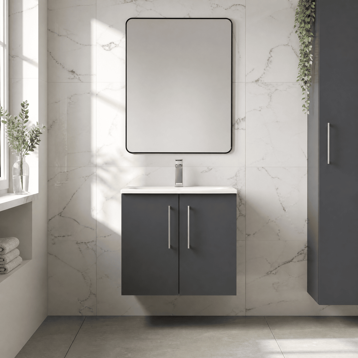 [BFLE1423G] Balterley  Contemporary Bathroom 2-Door Wall-Hung Curved Basin Vanity Unit, Dark Grey, 600mm - Lifestyle 1