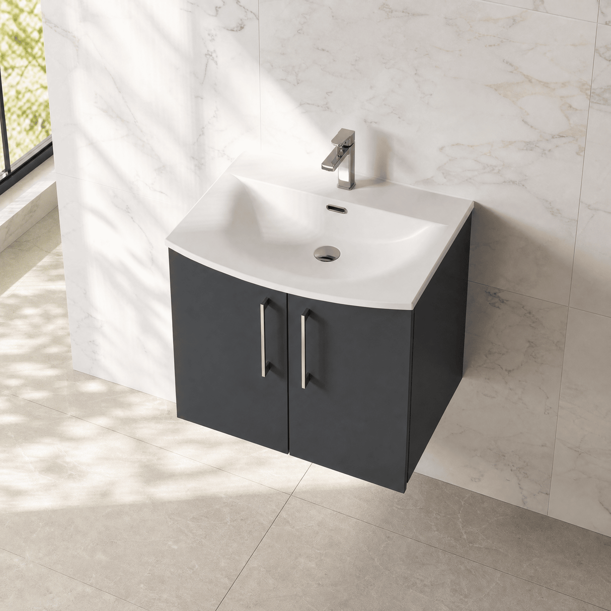 [BFLE1423G] Balterley  Contemporary Bathroom 2-Door Wall-Hung Curved Basin Vanity Unit, Dark Grey, 600mm - Lifestyle 2
