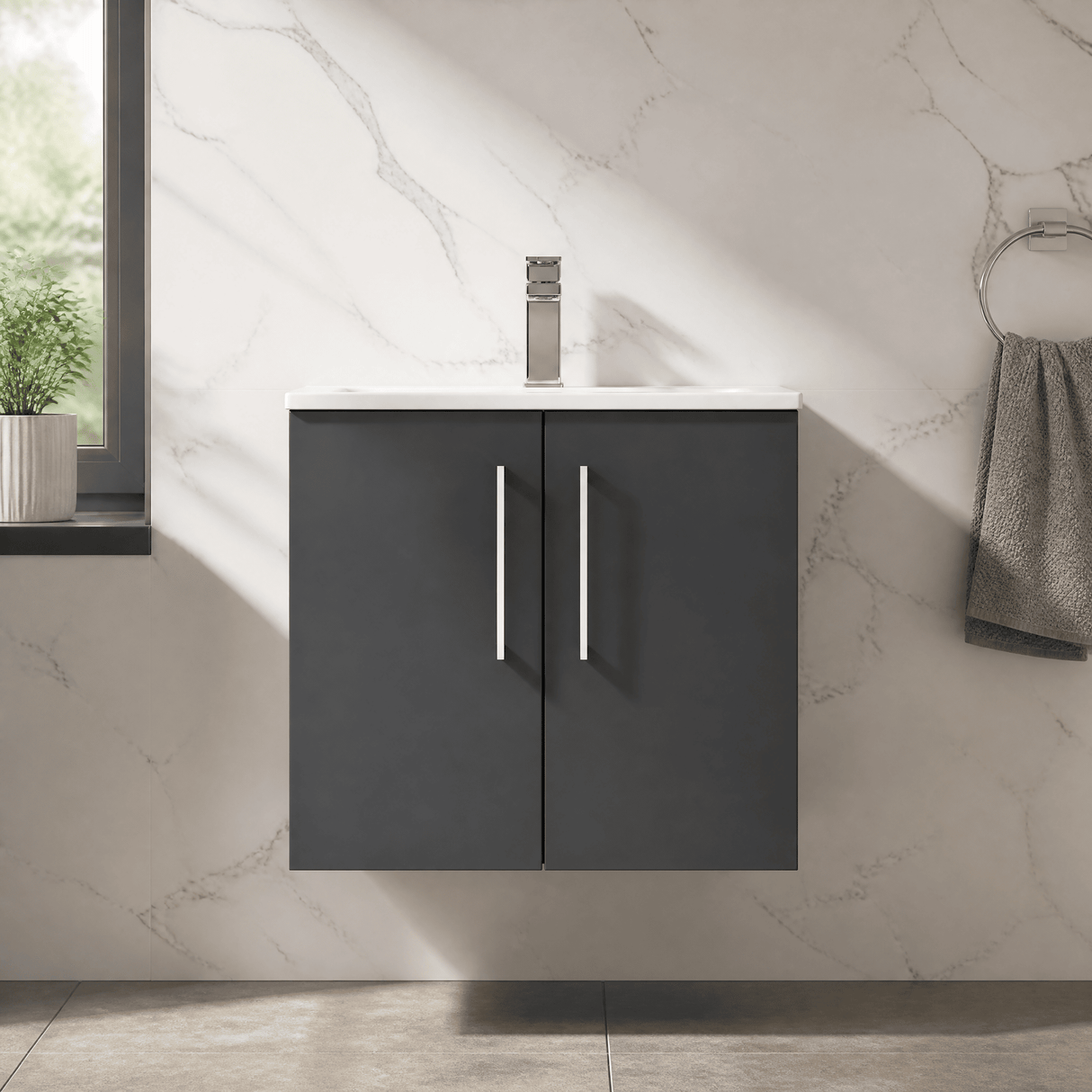 [BFLE1423G] Balterley  Contemporary Bathroom 2-Door Wall-Hung Curved Basin Vanity Unit, Dark Grey, 600mm - Silo