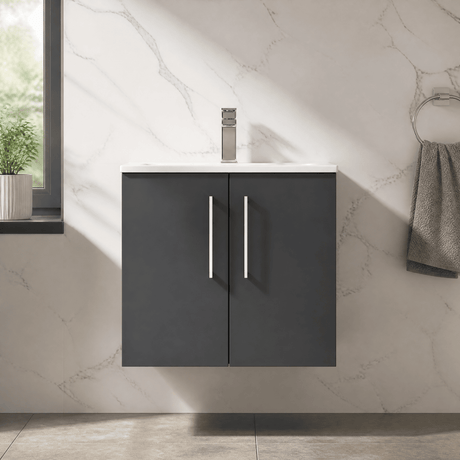 [BFLE1423G] Balterley  Contemporary Bathroom 2-Door Wall-Hung Curved Basin Vanity Unit, Dark Grey, 600mm - Silo
