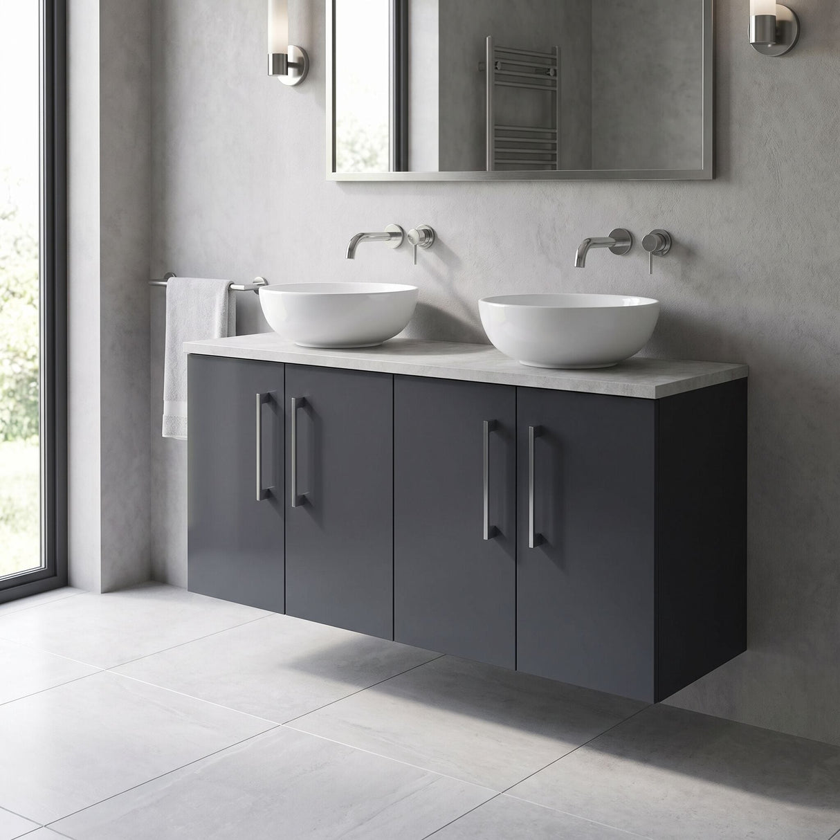 [BFLE1423LBG2] Bramshall Wall Hung 4 Door Vanity Unit with Bellato Grey Laminate Worktop, 1200mm, Choice of Colour