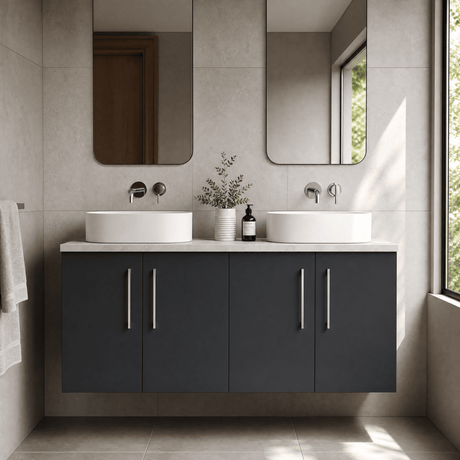 [BFLE1423LBG2] Bramshall Wall Hung 4 Door Vanity Unit with Bellato Grey Laminate Worktop, 1200mm, Choice of Colour - Silo