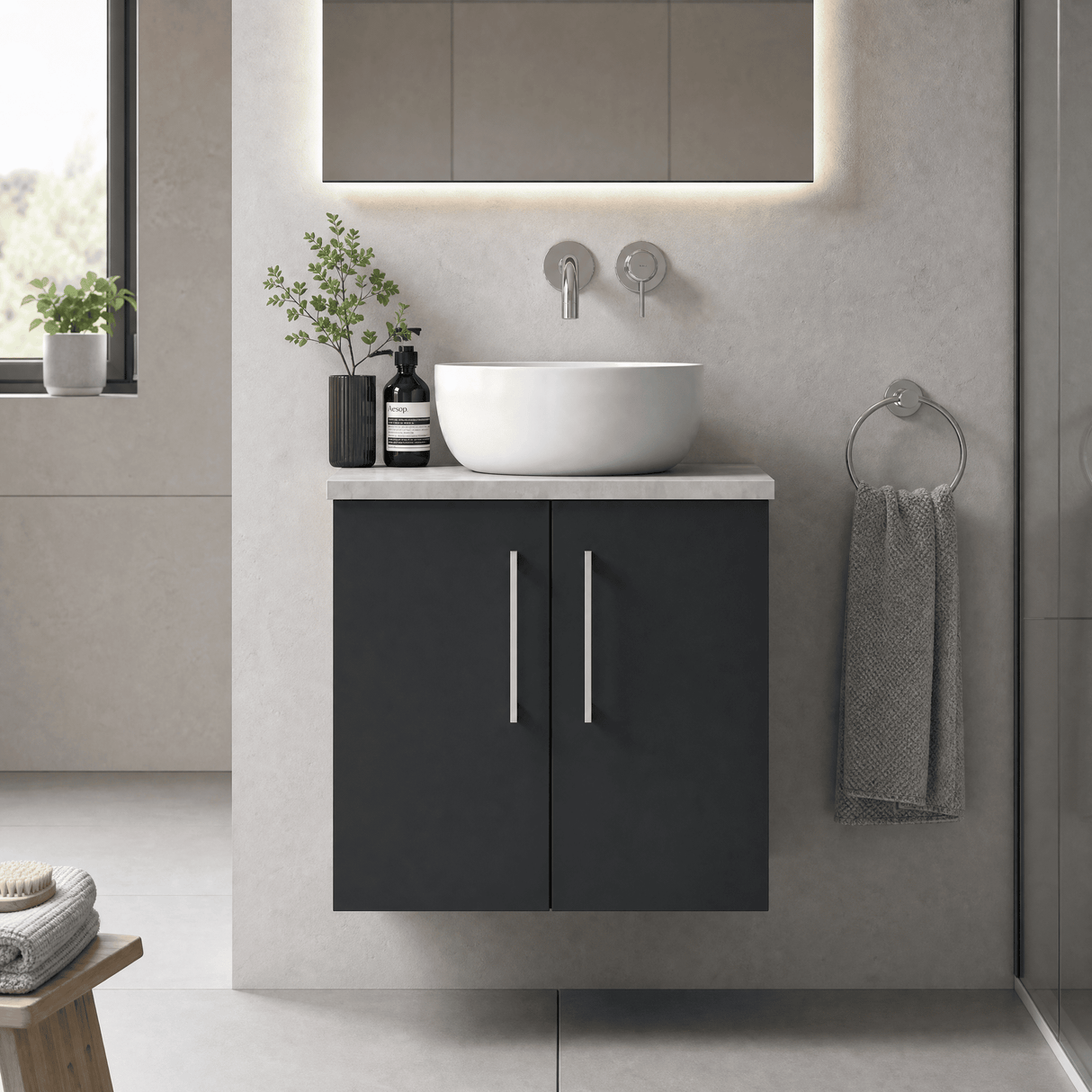 [BFLE1423LBG] Bramshall Wall Hung 2 Door Vanity Unit with Bellato Grey Laminate Worktop, 600mm, Choice of Colour