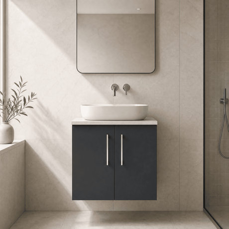 [BFLE1423LBG] Bramshall Wall Hung 2 Door Vanity Unit with Bellato Grey Laminate Worktop, 600mm, Choice of Colour - Silo