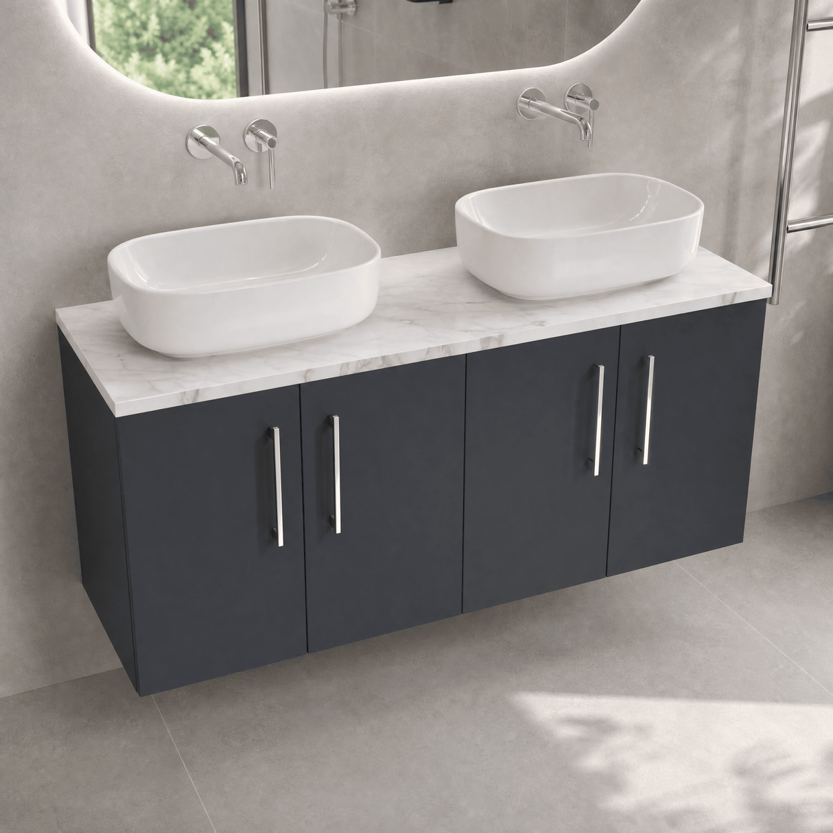 [BFLE1423LCM2] Bramshall Contemporary 4 Door Wall Hung Vanity Unit with Carrera Marble Laminate Worktop, 1200mm, Choice of Colour