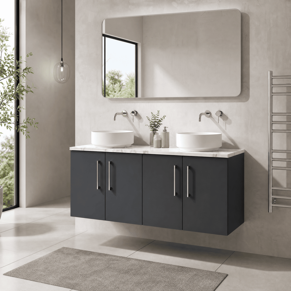 [BFLE1423LCM2] Bramshall Contemporary 4 Door Wall Hung Vanity Unit with Carrera Marble Laminate Worktop, 1200mm, Choice of Colour