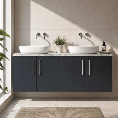 [BFLE1423LCM2] Bramshall Contemporary 4 Door Wall Hung Vanity Unit with Carrera Marble Laminate Worktop, 1200mm, Choice of Colour - Silo